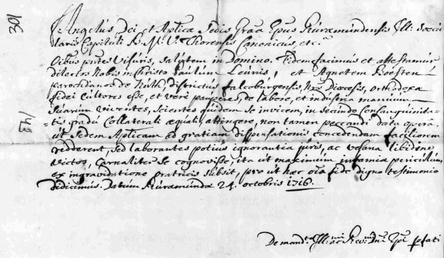 Kopie van de oorspronkelijke huwelijksdispensatie uit 1716